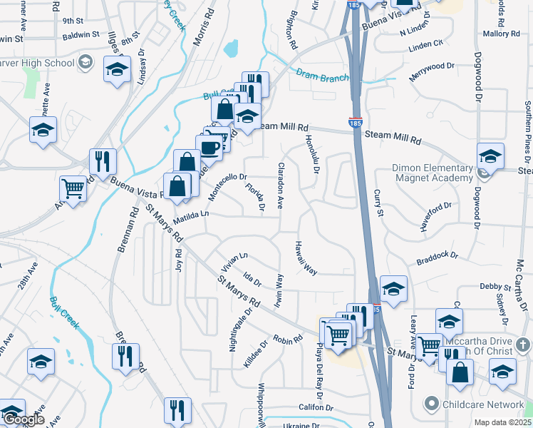 map of restaurants, bars, coffee shops, grocery stores, and more near 3507 Matilda Lane in Columbus