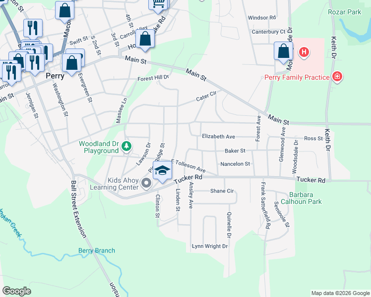 map of restaurants, bars, coffee shops, grocery stores, and more near 622 Hillcrest Avenue in Perry