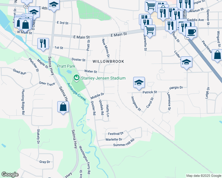 map of restaurants, bars, coffee shops, grocery stores, and more near 115 Mobile Drive in Prattville
