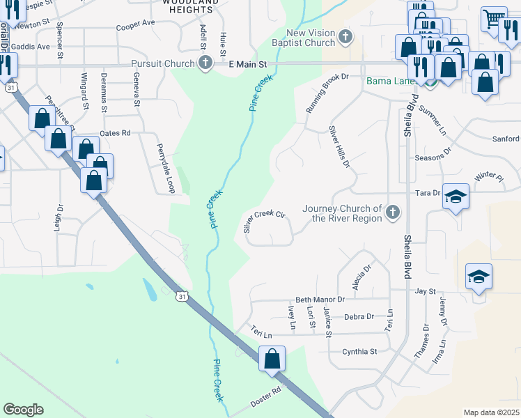 map of restaurants, bars, coffee shops, grocery stores, and more near 919 Silver Creek Circle in Prattville