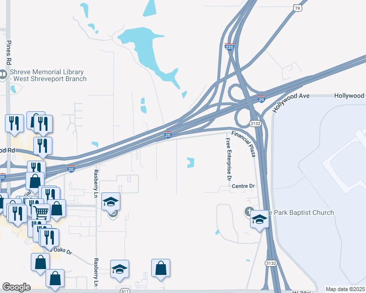map of restaurants, bars, coffee shops, grocery stores, and more near 5725 Financial Plaza in Shreveport