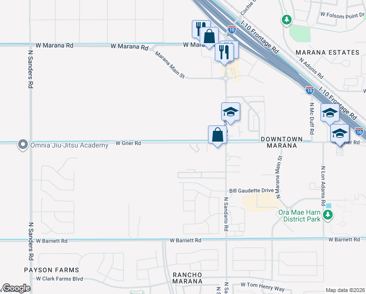 map of restaurants, bars, coffee shops, grocery stores, and more near 11951 West Grier Road in Marana