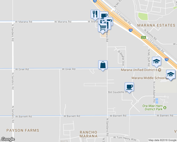 map of restaurants, bars, coffee shops, grocery stores, and more near 11951 West Grier Road in Marana