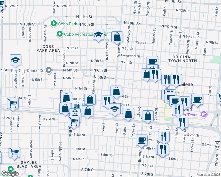 map of restaurants, bars, coffee shops, grocery stores, and more near 1725 North 3rd Street in Abilene