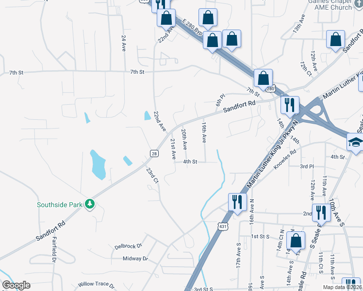 map of restaurants, bars, coffee shops, grocery stores, and more near 404 21st Avenue in Phenix City