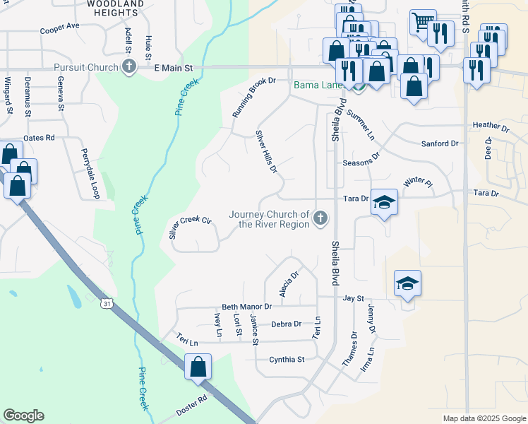 map of restaurants, bars, coffee shops, grocery stores, and more near 824 Sweet Ridge Road in Prattville