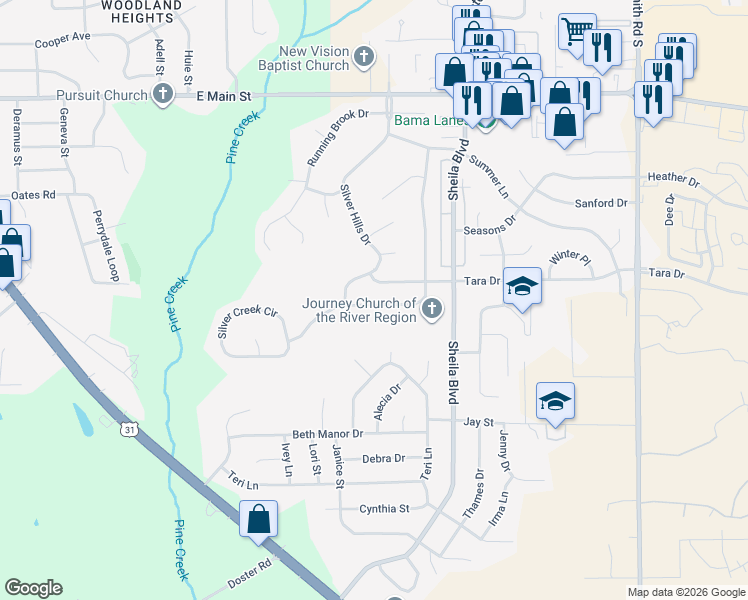 map of restaurants, bars, coffee shops, grocery stores, and more near 821 Sweet Ridge Road in Prattville