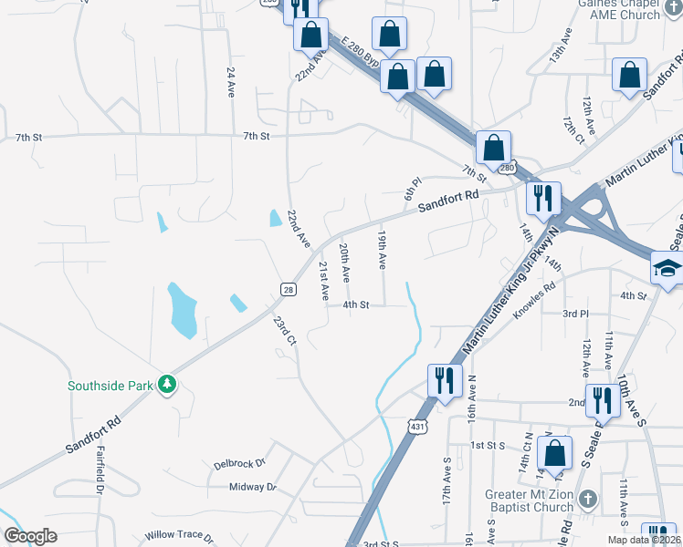 map of restaurants, bars, coffee shops, grocery stores, and more near 404 21st Avenue in Phenix City