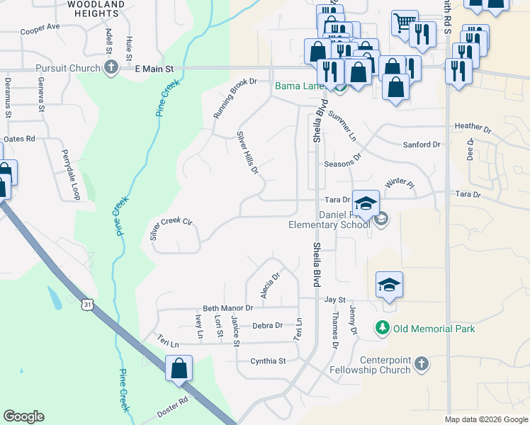 map of restaurants, bars, coffee shops, grocery stores, and more near 809 Sweet Ridge Road in Prattville