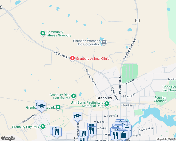 map of restaurants, bars, coffee shops, grocery stores, and more near 402 Kinson Street in Granbury