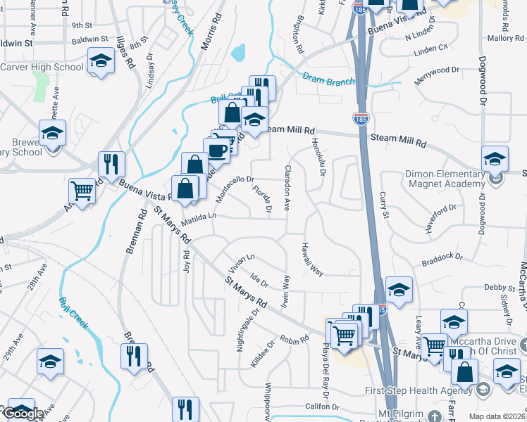 map of restaurants, bars, coffee shops, grocery stores, and more near 3508 Matilda Lane in Columbus