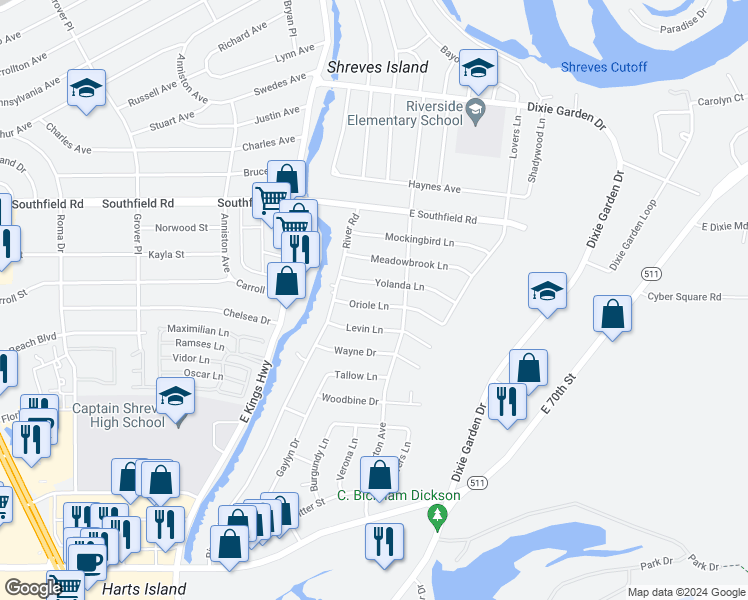 map of restaurants, bars, coffee shops, grocery stores, and more near 326 Oriole Lane in Shreveport