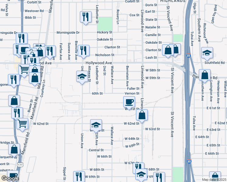map of restaurants, bars, coffee shops, grocery stores, and more near 547 Fuller Street in Shreveport