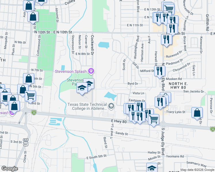map of restaurants, bars, coffee shops, grocery stores, and more near 702 Diamond Lake Drive in Abilene
