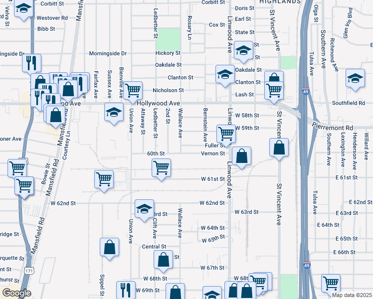 map of restaurants, bars, coffee shops, grocery stores, and more near 547 Fuller Street in Shreveport