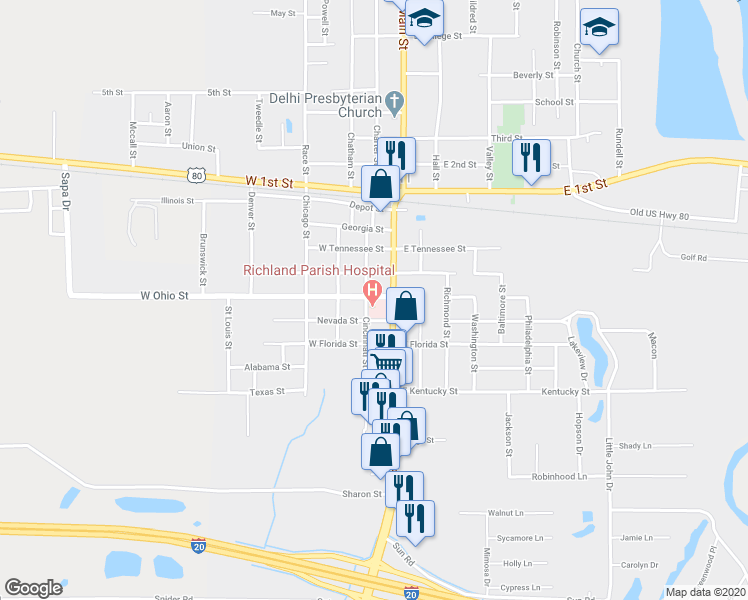 map of restaurants, bars, coffee shops, grocery stores, and more near 407 Cincinnati Street in Delhi
