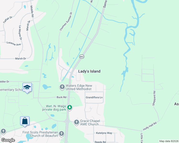 map of restaurants, bars, coffee shops, grocery stores, and more near in Lady's Island