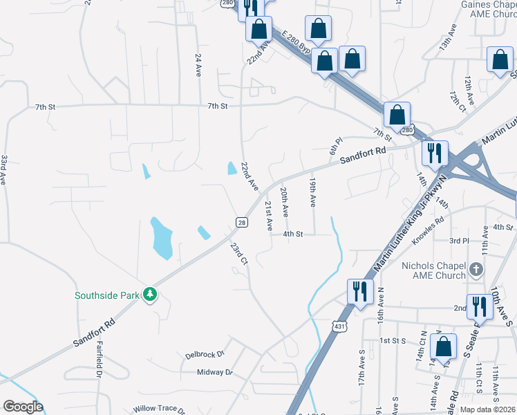 map of restaurants, bars, coffee shops, grocery stores, and more near 2109 Sandfort Road in Phenix City