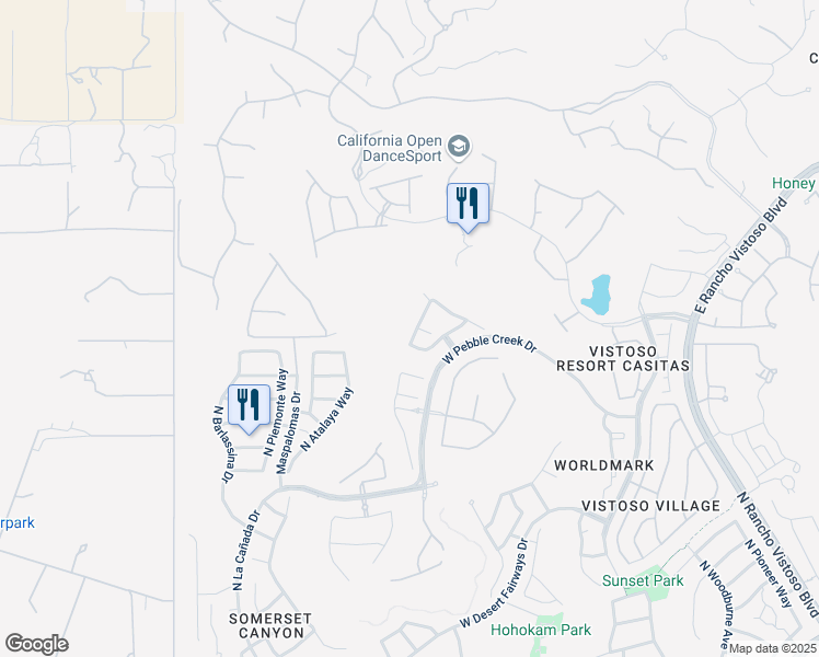 map of restaurants, bars, coffee shops, grocery stores, and more near 13599 North Meadowhawk Lane in Tucson