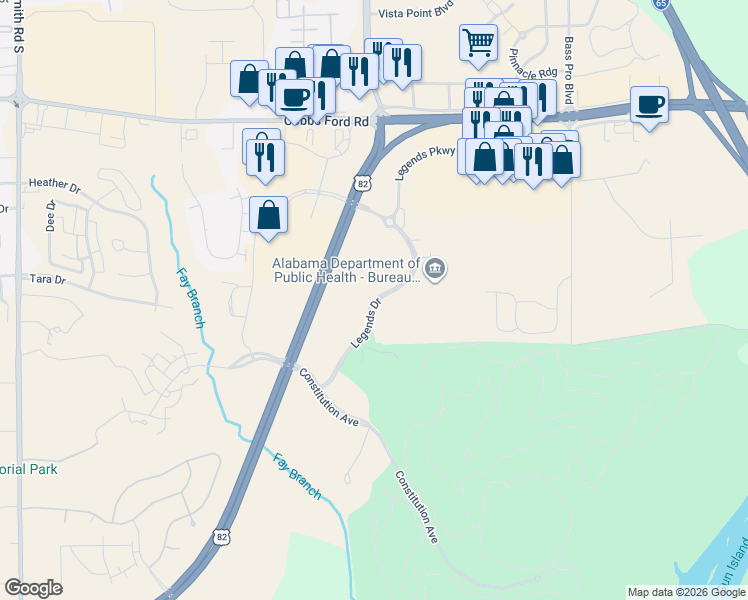 map of restaurants, bars, coffee shops, grocery stores, and more near Legends Drive in Prattville