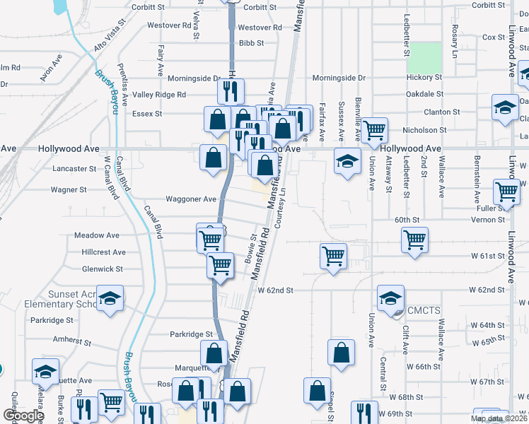 map of restaurants, bars, coffee shops, grocery stores, and more near 2605 Waggoner Avenue in Shreveport