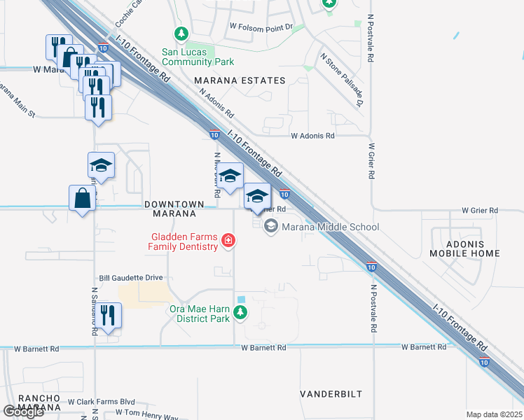 map of restaurants, bars, coffee shops, grocery stores, and more near 11279 West Grier Road in Marana