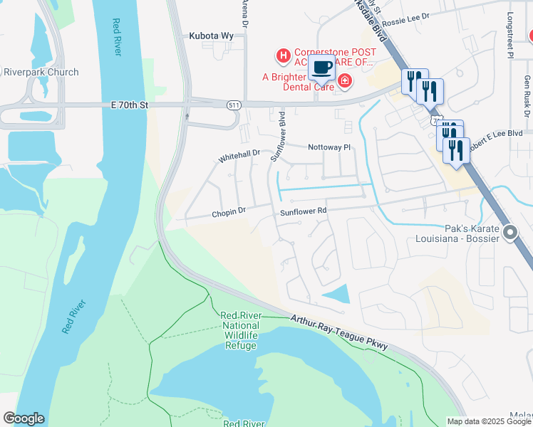 map of restaurants, bars, coffee shops, grocery stores, and more near 555 Sunflower Road in Bossier City