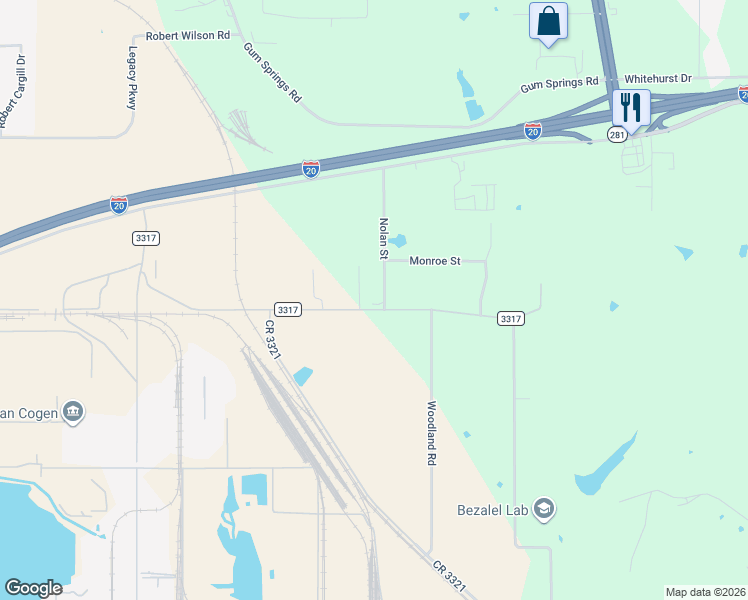 map of restaurants, bars, coffee shops, grocery stores, and more near 3151 Nolan Street in Longview