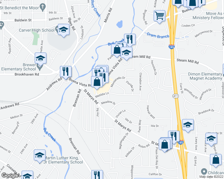 map of restaurants, bars, coffee shops, grocery stores, and more near 3410 Montecello Drive in Columbus