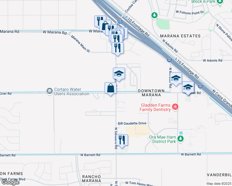 map of restaurants, bars, coffee shops, grocery stores, and more near W Grier Rd & N Sandario Rd in Marana
