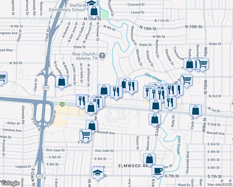 map of restaurants, bars, coffee shops, grocery stores, and more near 60 Harvard Place in Abilene