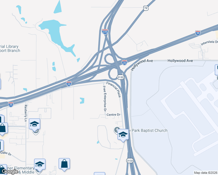 map of restaurants, bars, coffee shops, grocery stores, and more near 5485 Financial Plaza in Shreveport