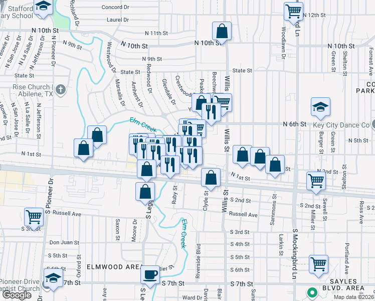 map of restaurants, bars, coffee shops, grocery stores, and more near 337 Westwood Drive in Abilene