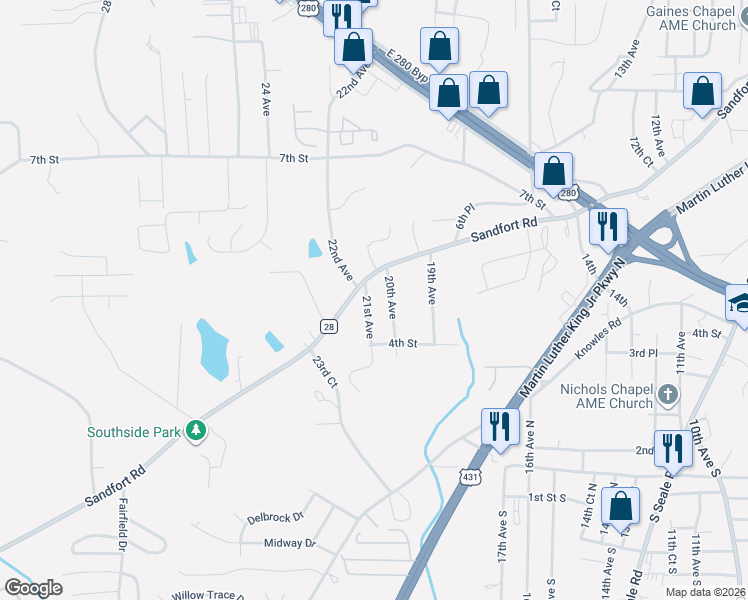 map of restaurants, bars, coffee shops, grocery stores, and more near 2003 Sandfort Road in Phenix City