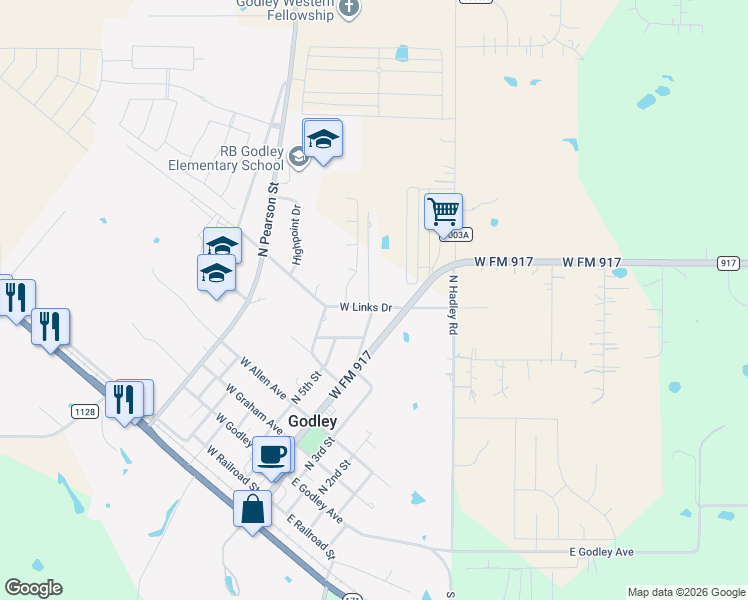 map of restaurants, bars, coffee shops, grocery stores, and more near 112 West Links Drive in Godley