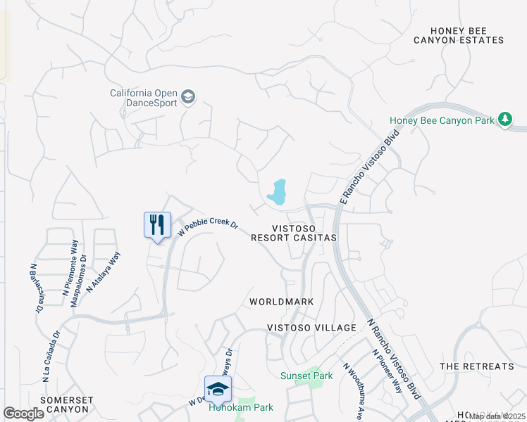 map of restaurants, bars, coffee shops, grocery stores, and more near 695 West Vistoso Highlands Drive in Oro Valley