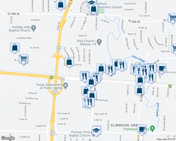 map of restaurants, bars, coffee shops, grocery stores, and more near 4502 North 1st Street in Abilene