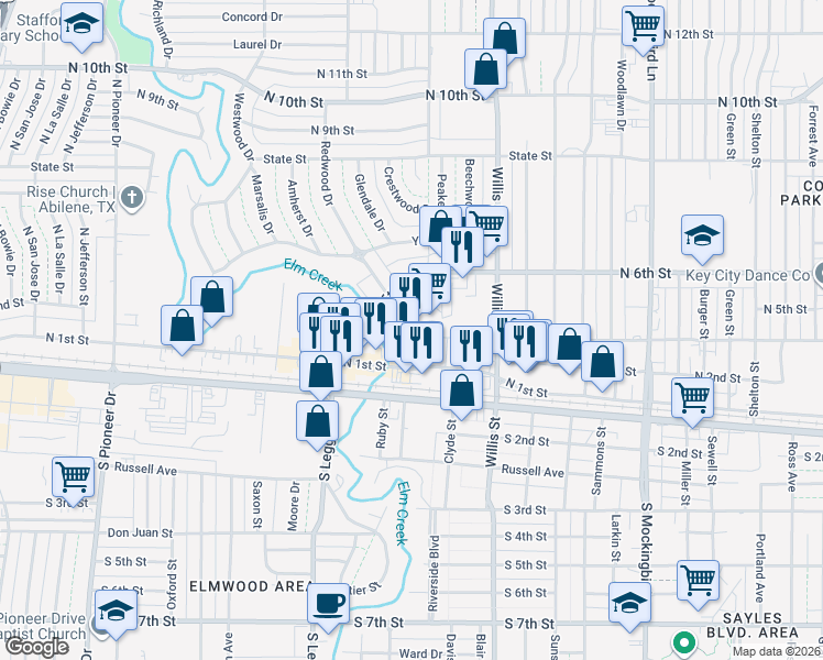 map of restaurants, bars, coffee shops, grocery stores, and more near 327 Westwood Drive in Abilene