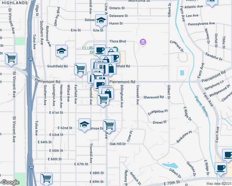 map of restaurants, bars, coffee shops, grocery stores, and more near 5918 Dillingham Avenue in Shreveport