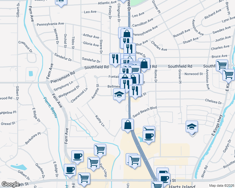 map of restaurants, bars, coffee shops, grocery stores, and more near 326 Carroll Street in Shreveport