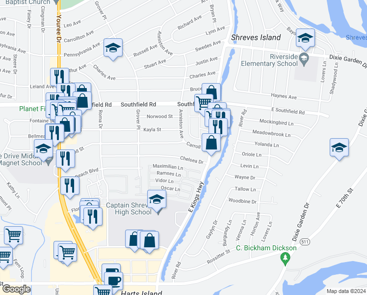 map of restaurants, bars, coffee shops, grocery stores, and more near 119 Carroll Street in Shreveport