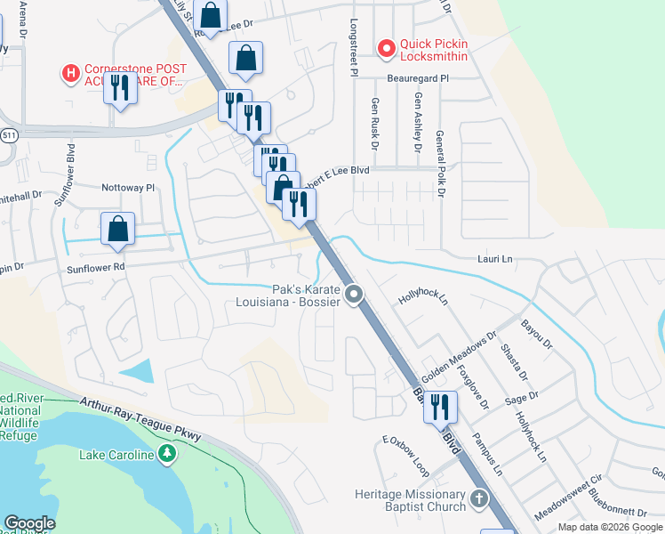 map of restaurants, bars, coffee shops, grocery stores, and more near 5153-5253 Barksdale Boulevard in Bossier City