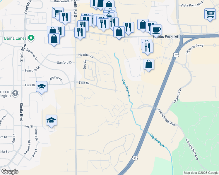map of restaurants, bars, coffee shops, grocery stores, and more near 107 Shannon Court in Prattville