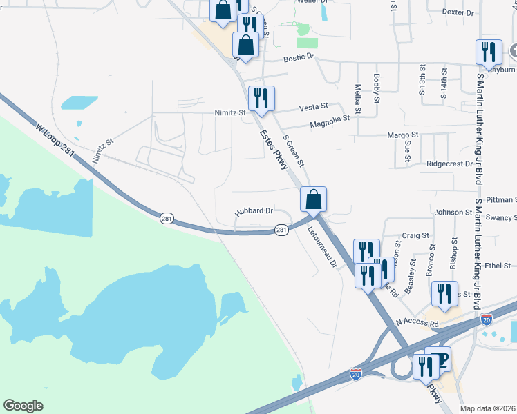 map of restaurants, bars, coffee shops, grocery stores, and more near 120 Wingate Lane in Longview