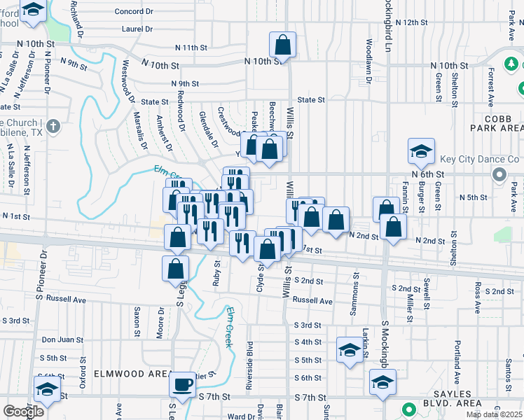 map of restaurants, bars, coffee shops, grocery stores, and more near 3444 North 1st Street in Abilene