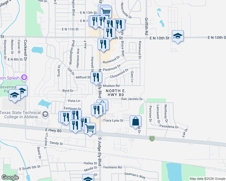 map of restaurants, bars, coffee shops, grocery stores, and more near 1111 Musken Road in Abilene