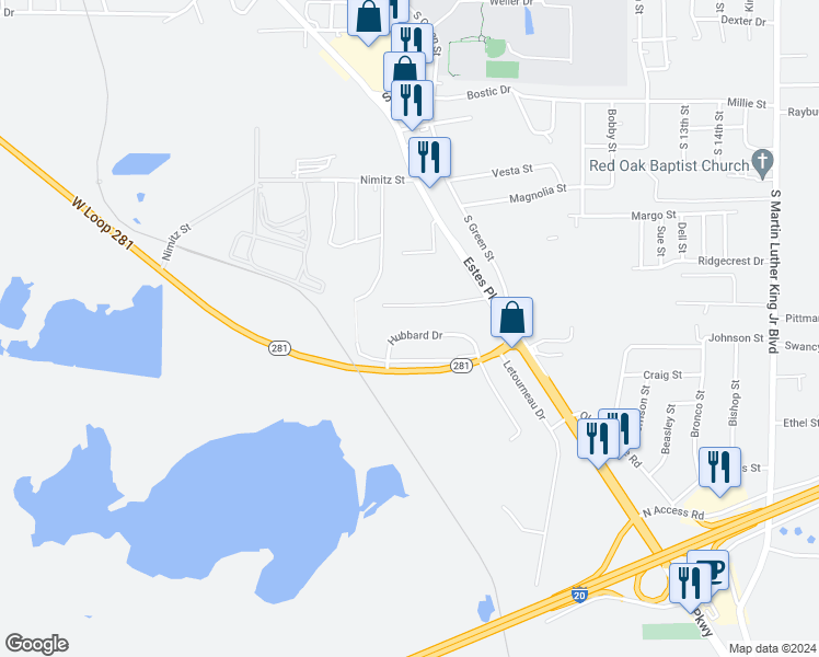 map of restaurants, bars, coffee shops, grocery stores, and more near 159 Hubbard Drive in Longview