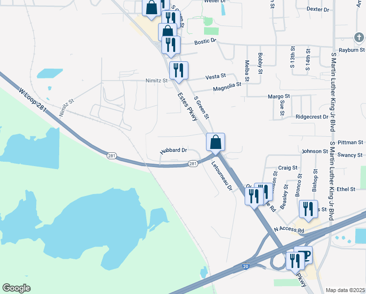 map of restaurants, bars, coffee shops, grocery stores, and more near 139 Hubbard Drive in Longview
