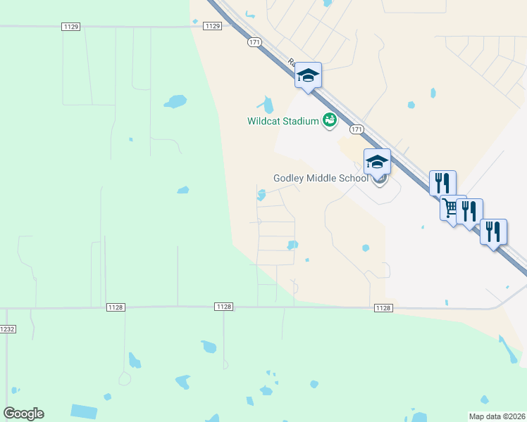 map of restaurants, bars, coffee shops, grocery stores, and more near 825 Godley Ranch in Godley