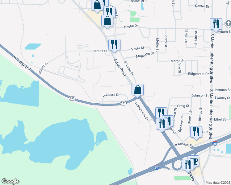 map of restaurants, bars, coffee shops, grocery stores, and more near 143 Hubbard Drive in Longview